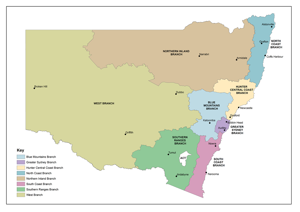 Map showing operations branches boundaries and regional offices for National Parks and Wildlife Service