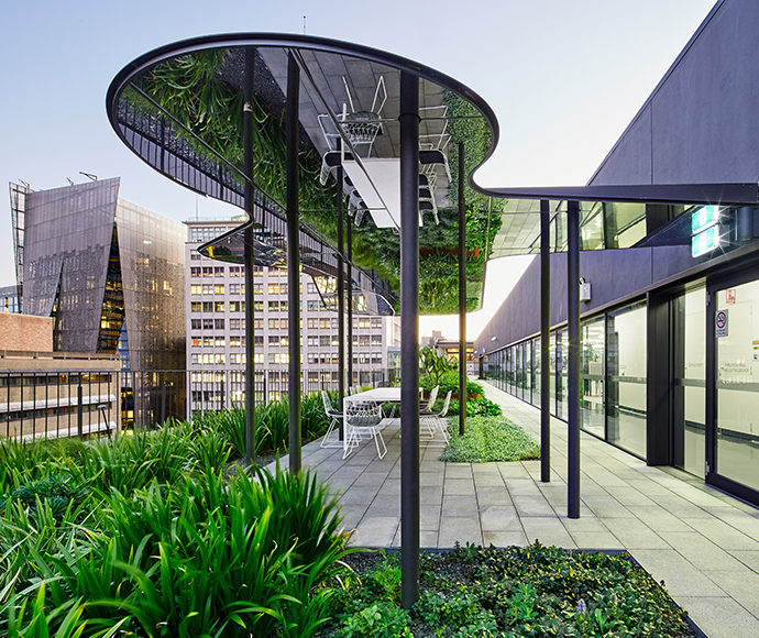 Green roof on the science building at the University of Technology Sydney. Walkway and table and white chairs under a mirrored ceiling.