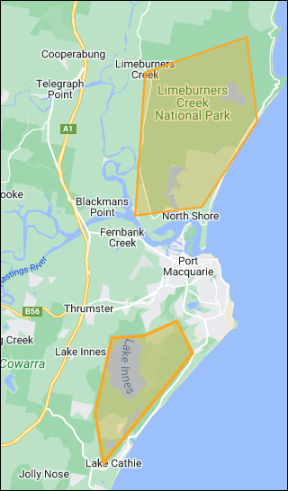 A map with regions highlighted in the Port Macquarie area