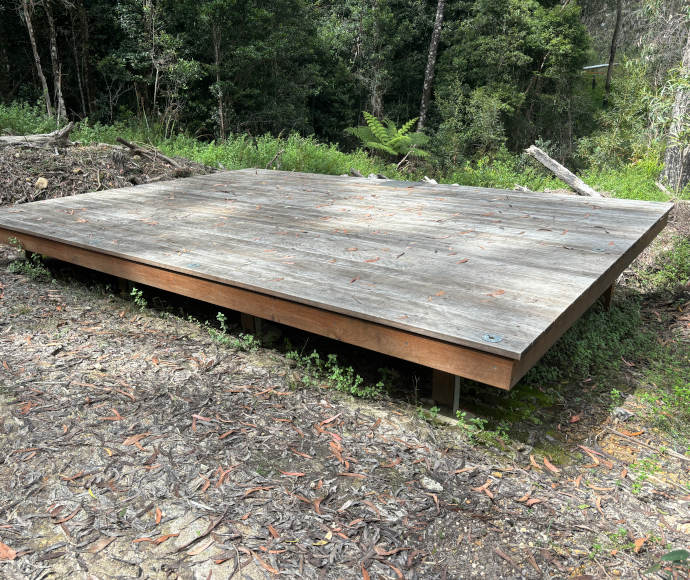 A sturdy-looking wooden platform raised above the ground, a thick treeline with small ferns in the background