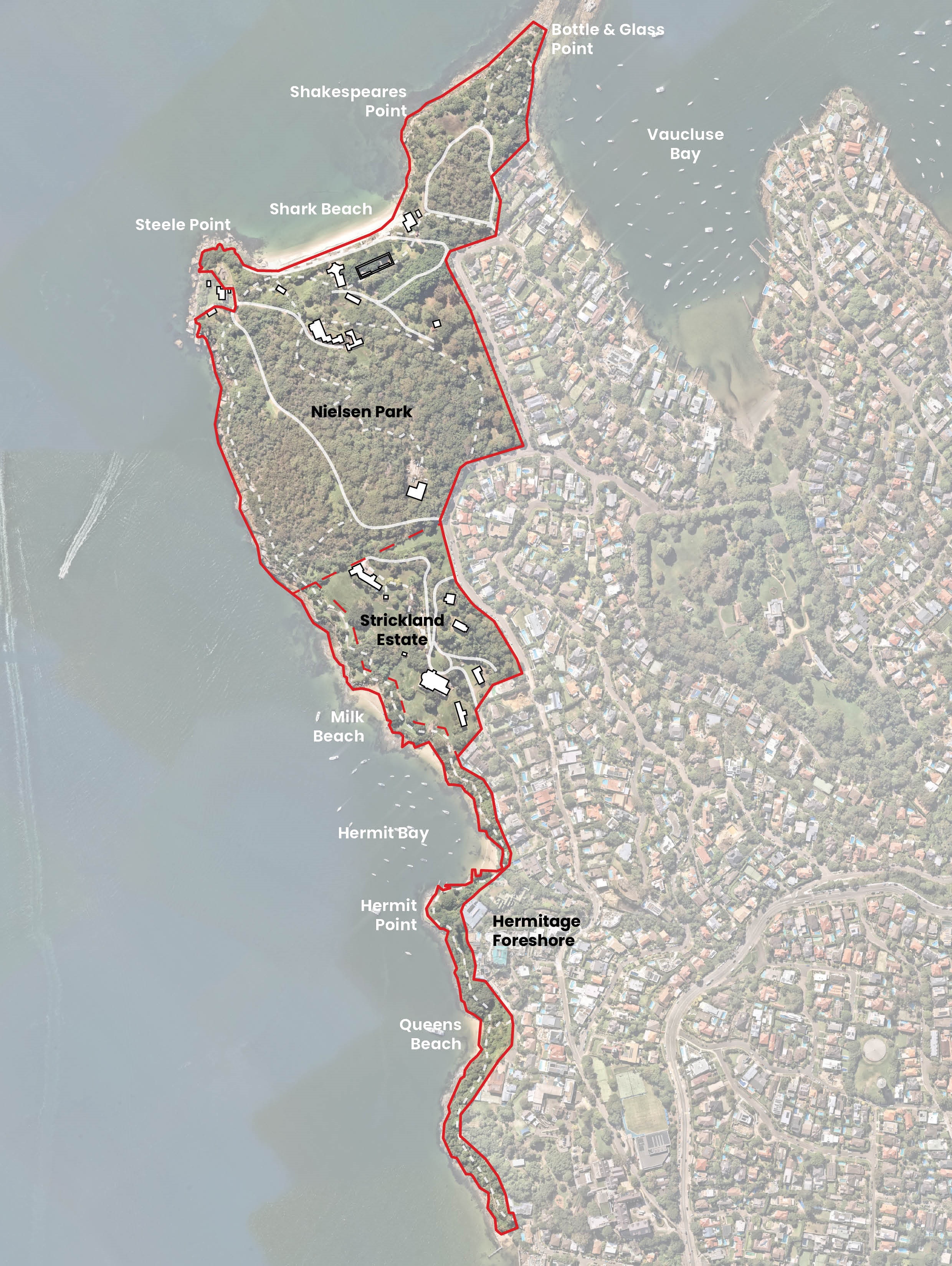 Satellite map showing the area of Strickland Estate, Nielsen Park, for which community feedback is being sought, 