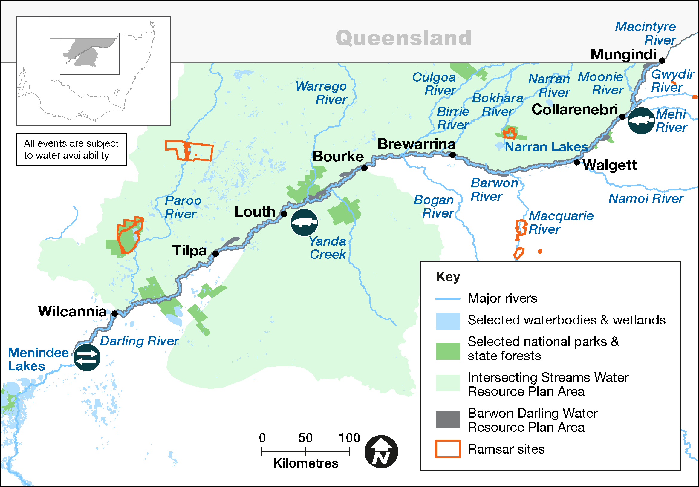 Map of proposed annual priority targets in the Barwon-Darling Barwaan-Calliwatta-Baaka Water Resource Plan area 2023–24