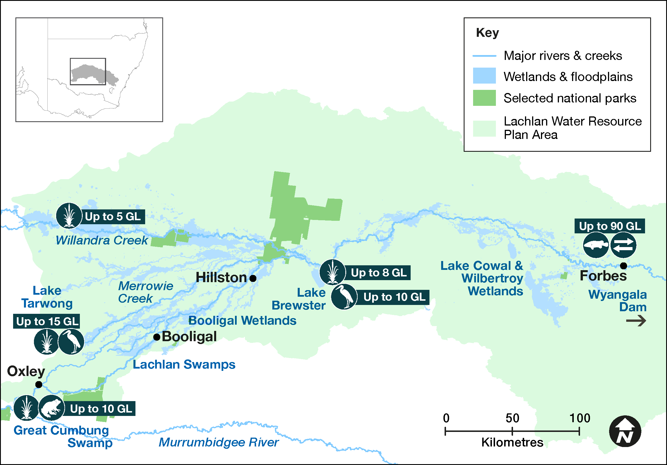 Map of proposed annual priority targets in the Lachlan Water Resource Plan area 2023–24