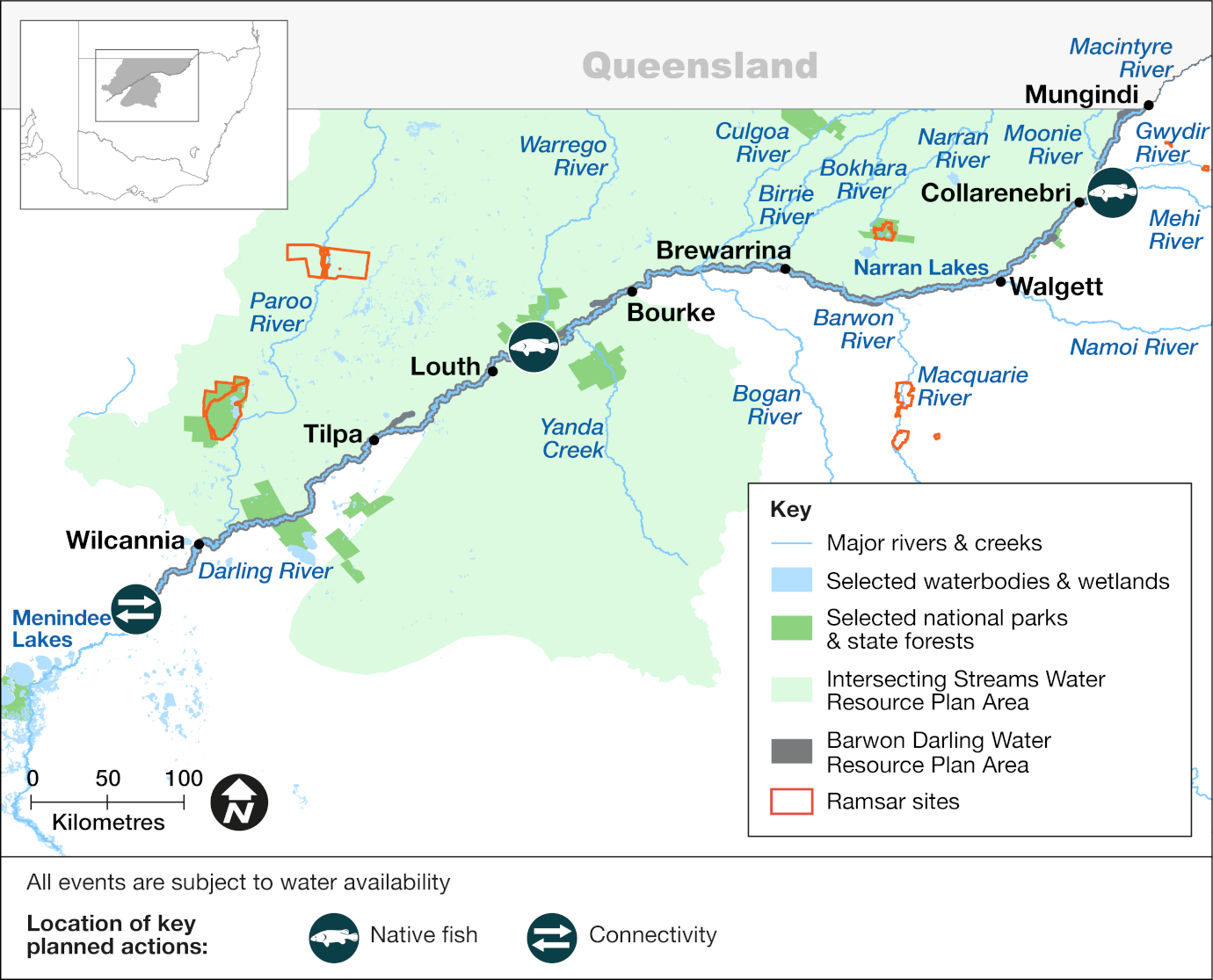 Map of the Barwon-Darling catchment area showing priority targets and volumes of environmental water to be delivered in 2024-25. The map includes icons to indicate locations of planned water releases that aim to support native fish and improve river channel condition and connectivity.