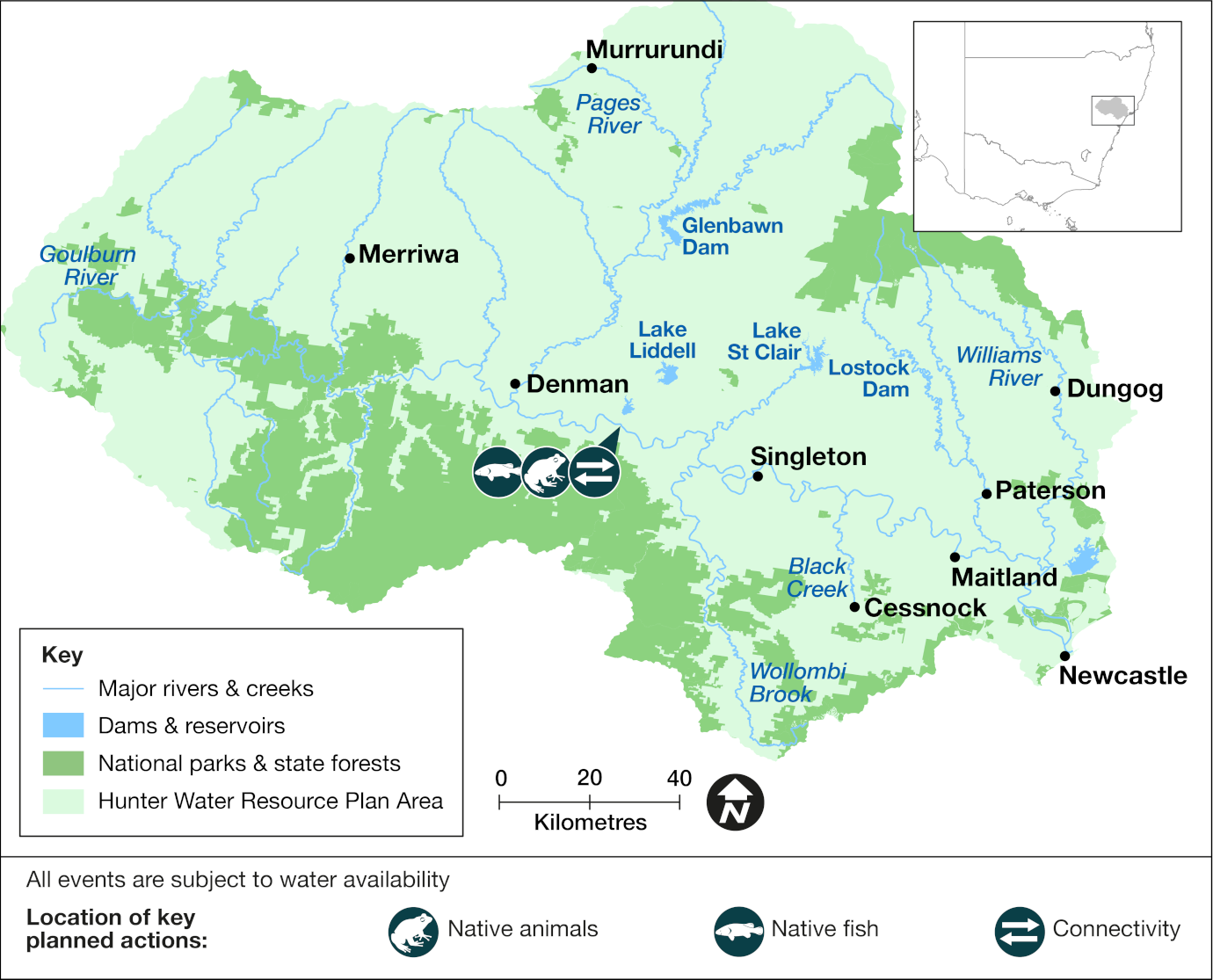 Map of the Hunter catchment area showing priority targets and volumes of environmental water to be delivered in 2024-25. The map includes icons to indicate locations of planned water releases that aim to support water-dependent native animals, native fish breeding and dispersal, and improve river channel condition and connectivity.