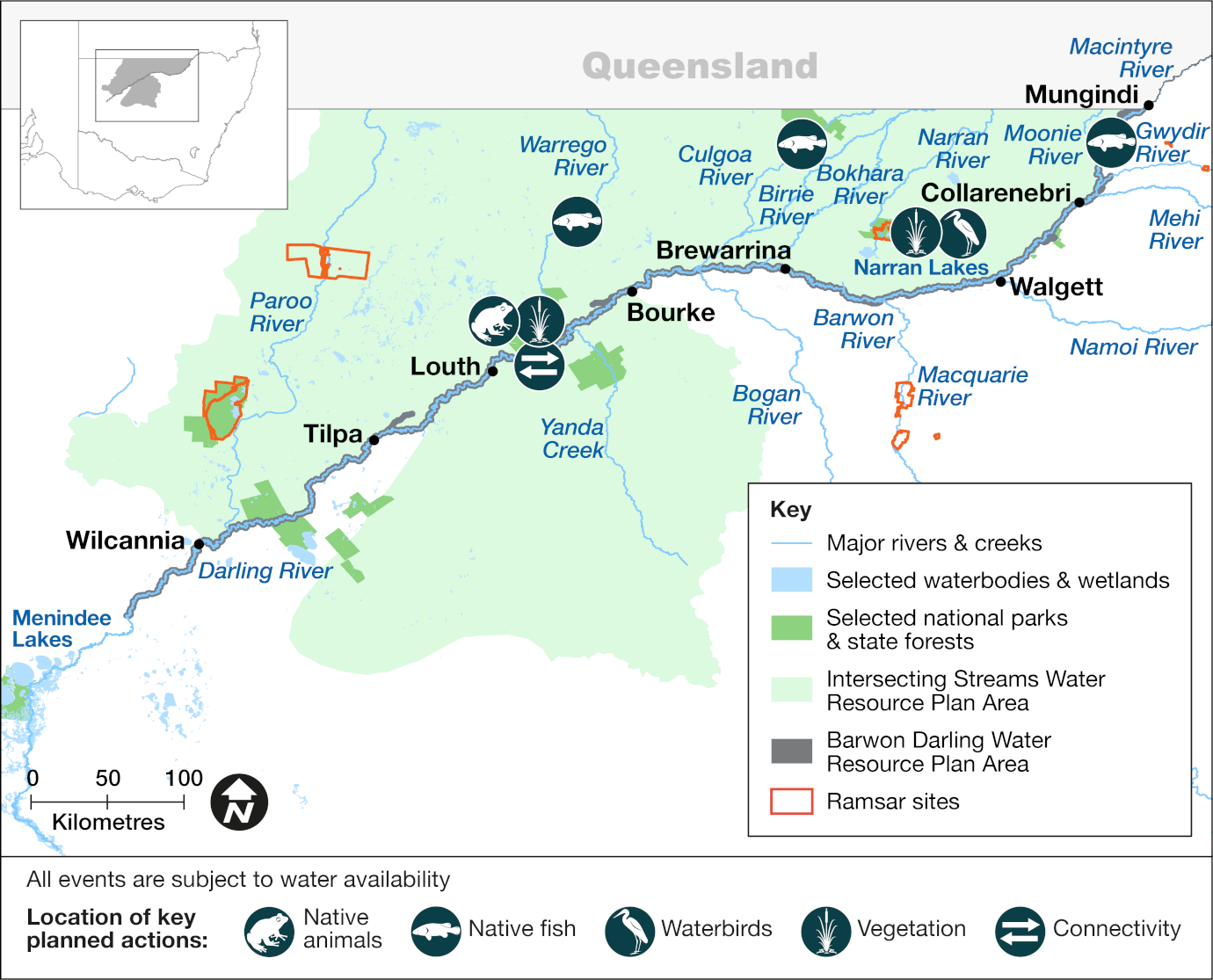 Map of the Intersecting Streams catchment area showing priority targets and volumes of environmental water to be delivered in 2024-25. The map includes icons to indicate locations of planned water releases that aim to support water-dependent native animals, native fish breeding and dispersal, waterbirds, vegetation, and improve river channel condition and connectivity.