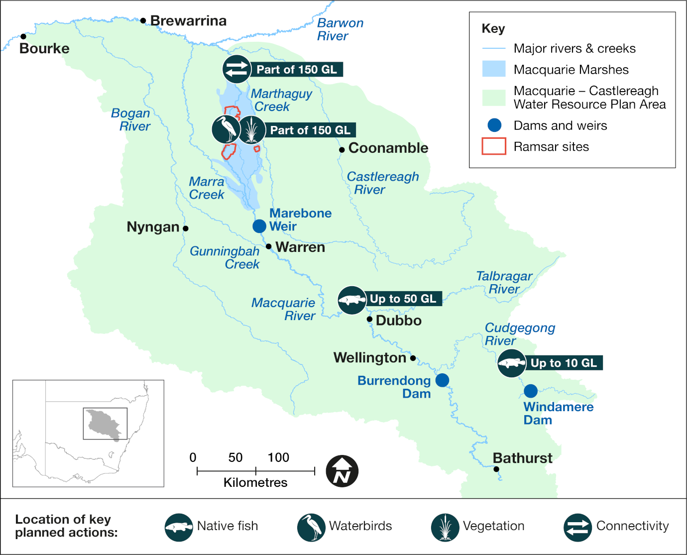 Map of the Macquarie catchment area showing priority targets and volumes of environmental water to be delivered in 2024-25. The map includes icons to indicate locations of planned water releases that aim to support native fish breeding and dispersal, waterbirds, vegetation, and improve river channel condition and connectivity.