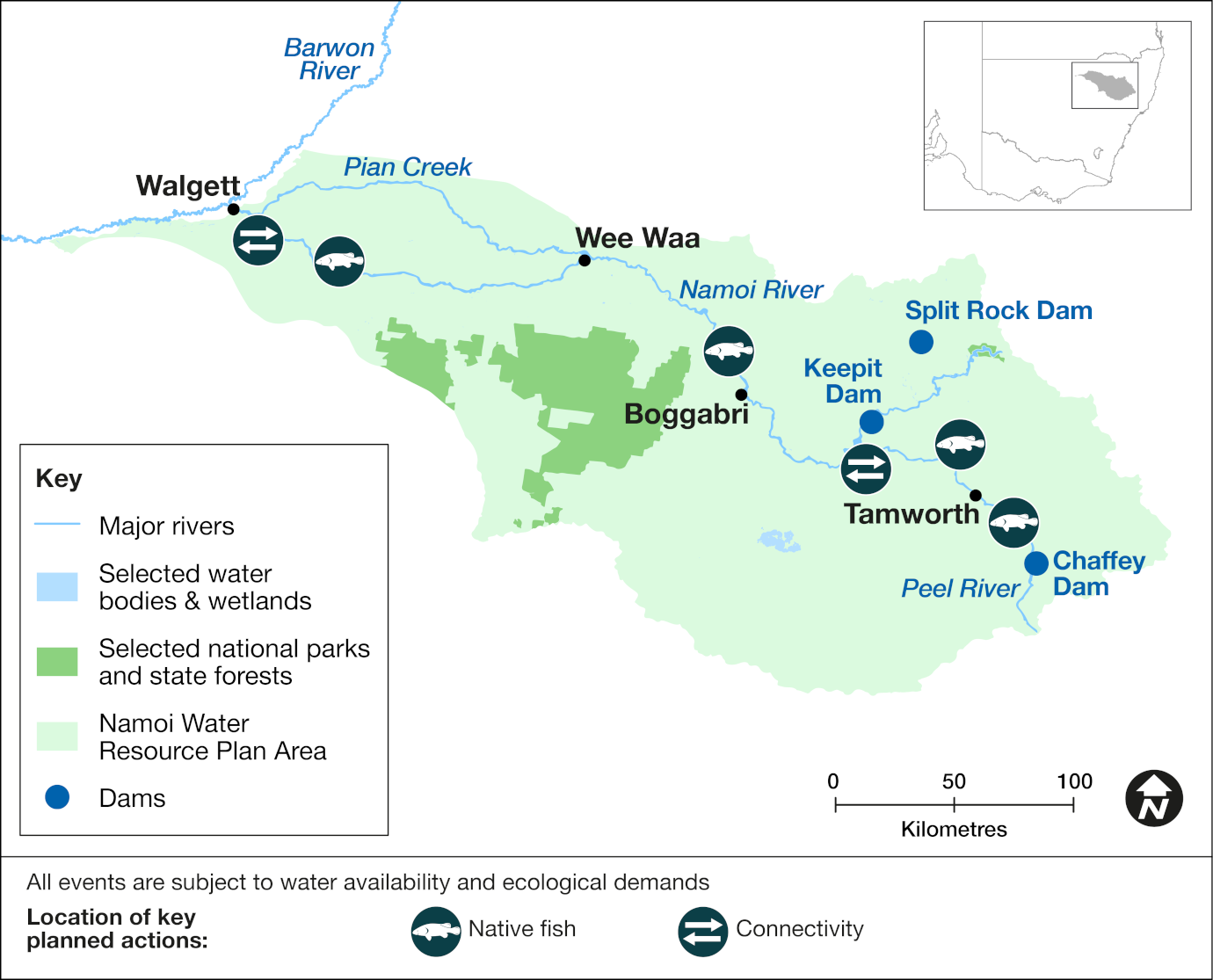 Map of the Namoi catchment area showing priority targets and volumes of environmental water to be delivered in 2024-25. The map includes icons to indicate locations of planned water releases that aim to support native fish breeding and dispersal and improve river channel condition and connectivity.