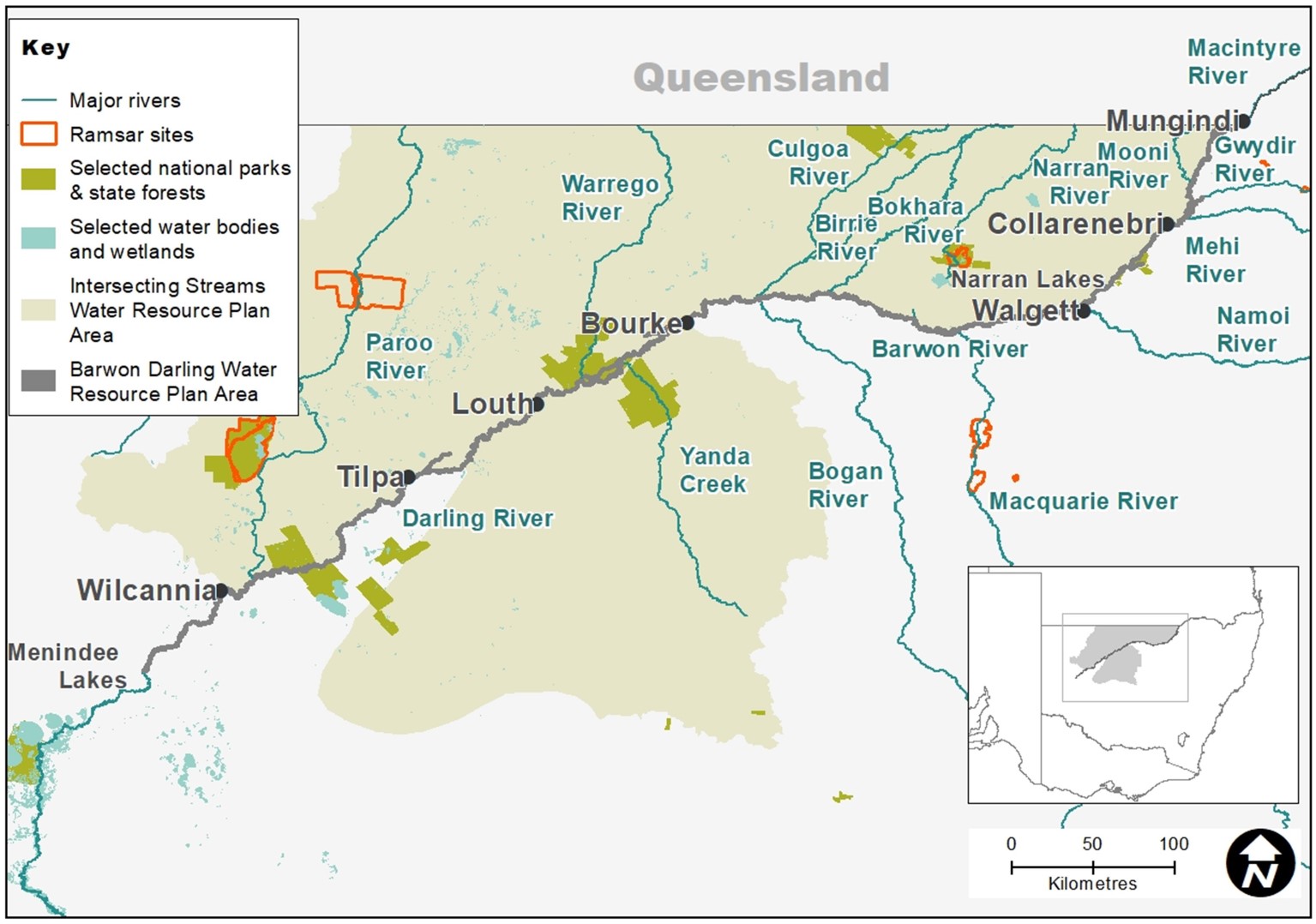 Map of the Barwon-Darling and Intersecting Streams catchments showing waterways, wetlands and locations of water for the environment deliveries made in 2020-21.