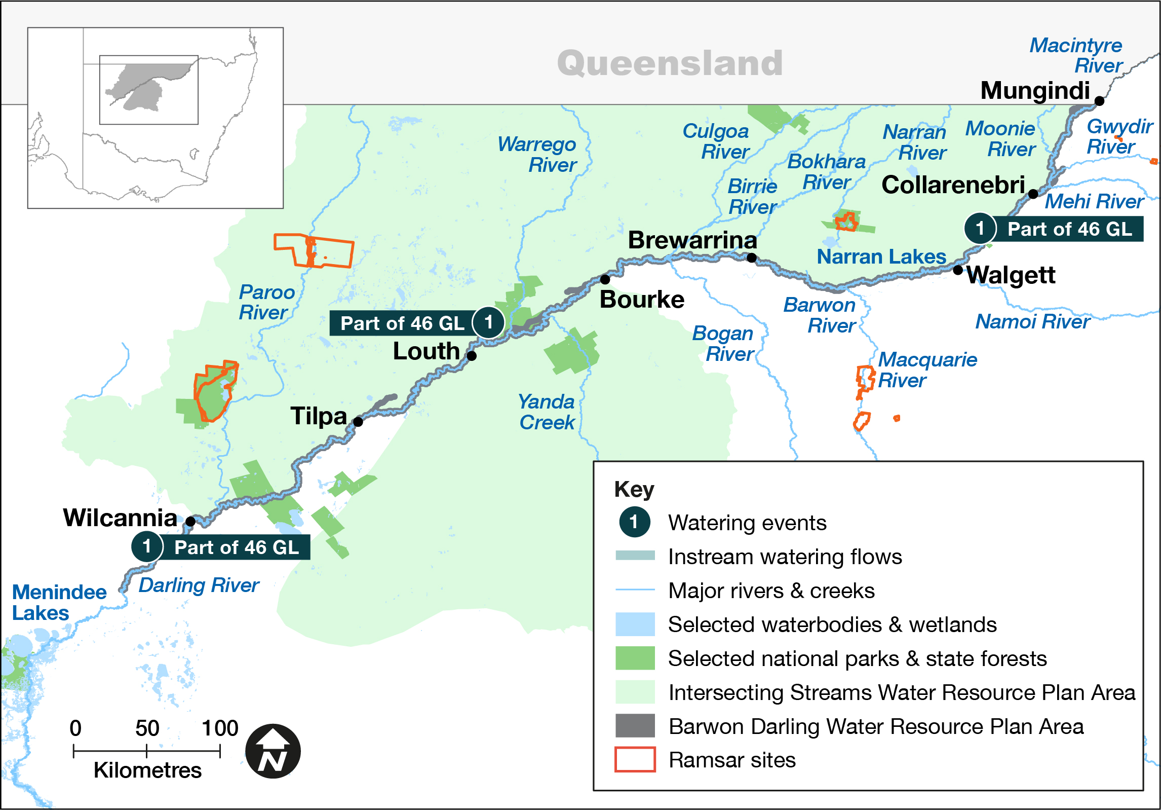 Map of the Barwon–Darling Barwaan–Baaka catchment showing water for the environment outcomes for 2021–22. Natural rainfall and flooding provided for the environmental demand where environmental water was protected down the system.