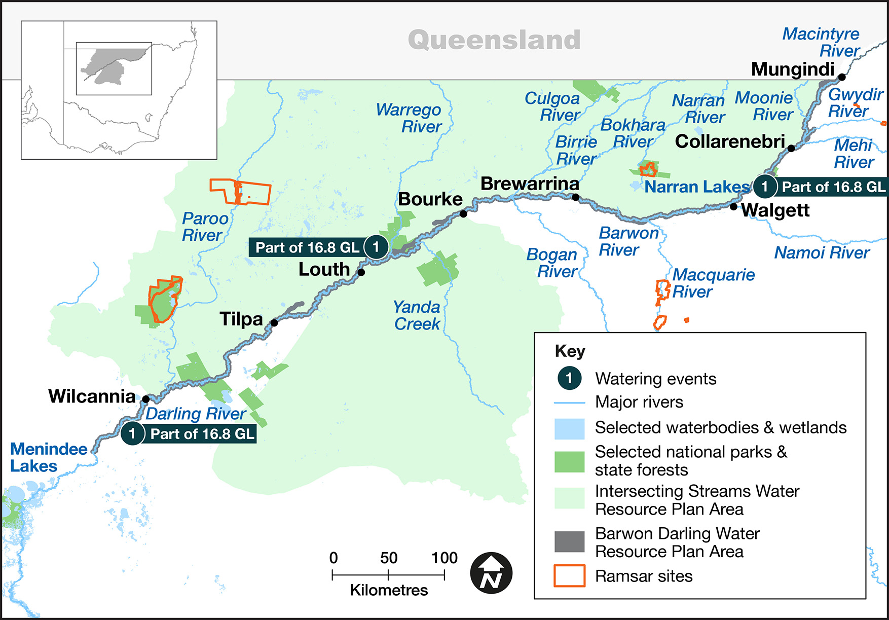 Map of the Barwon–Darling catchment showing water events for the 2022–23 water year.