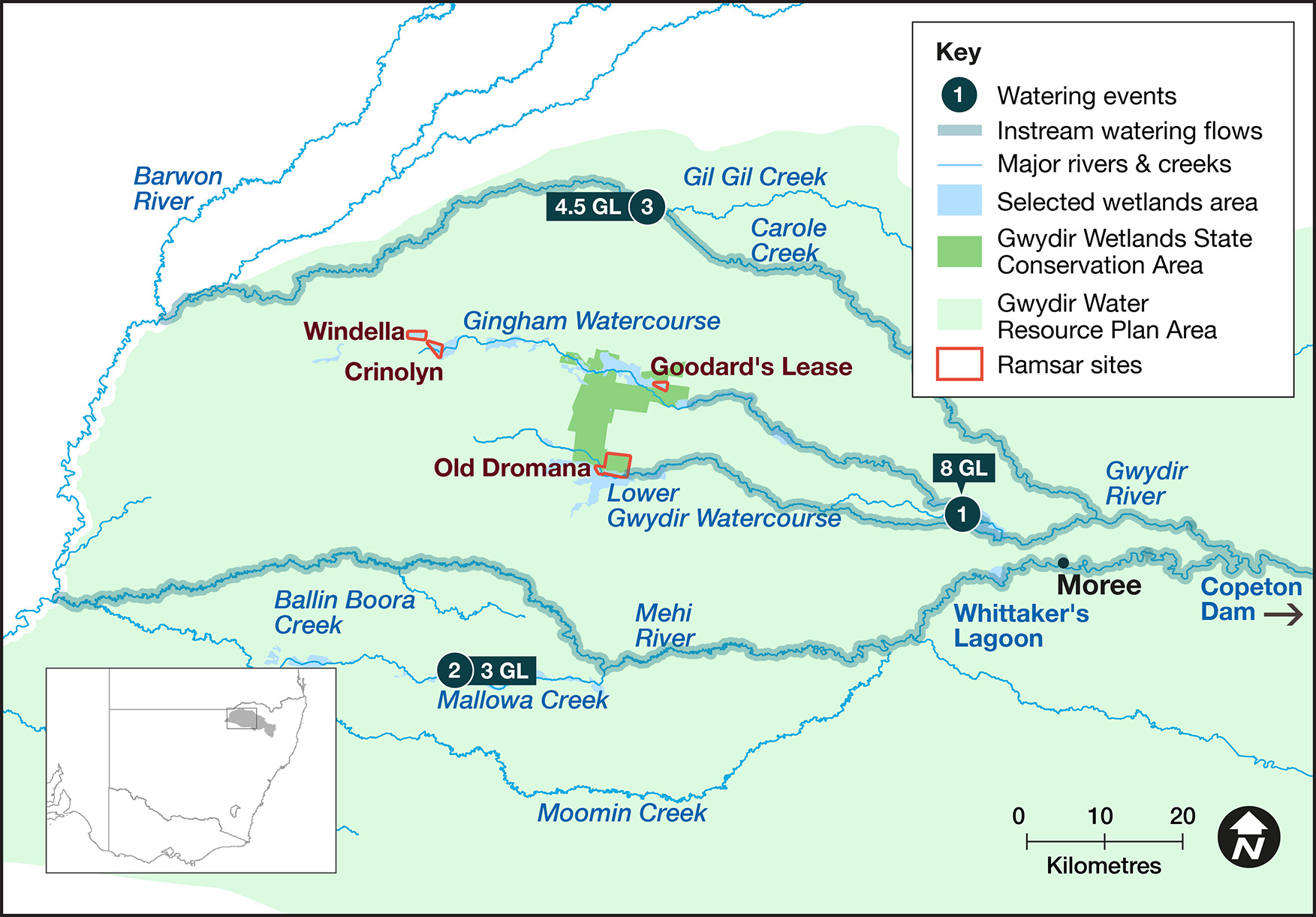 Map of sites in the Gwydir catchment where environmental water was delivered in the 2022-23 water year, with corresponding volumes 