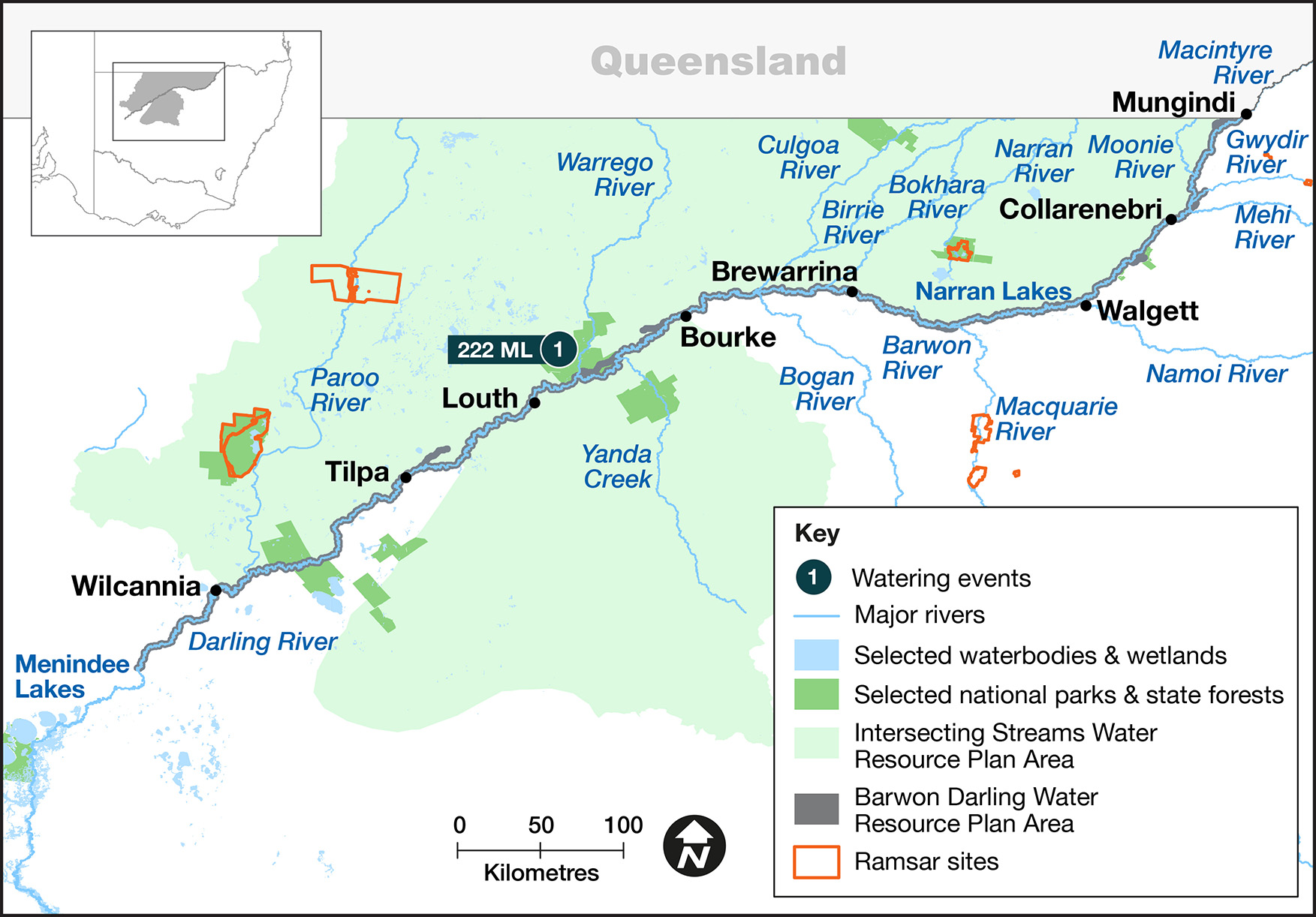 Map of sites in the Intersecting Streams catchment where environmental water was delivered in the 2022-23 water year, with corresponding volumes 