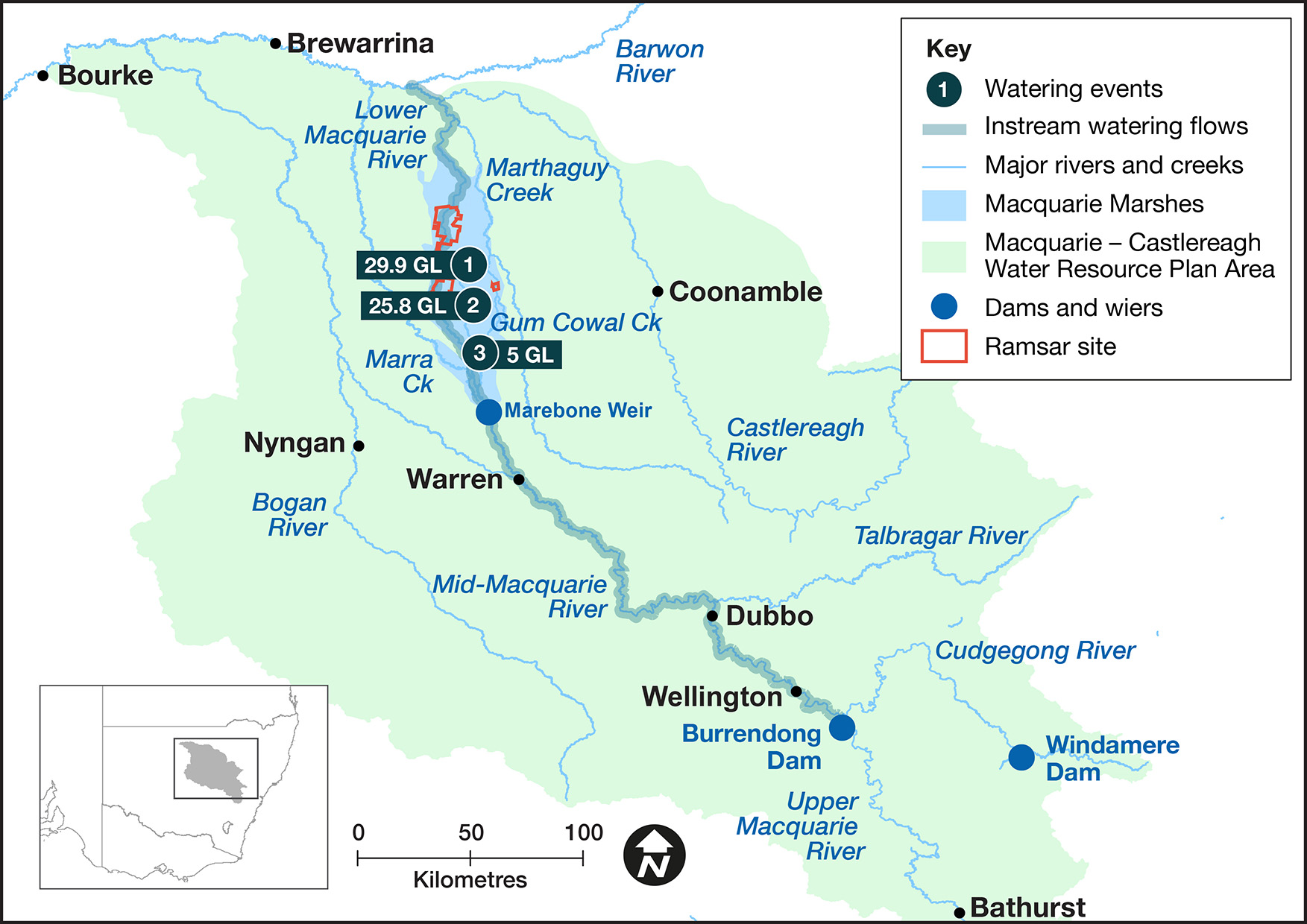 Map of sites in the Macquarie-Castlemaine catchment where environmental water was delivered in the 2022-23 water year, with corresponding volumes.