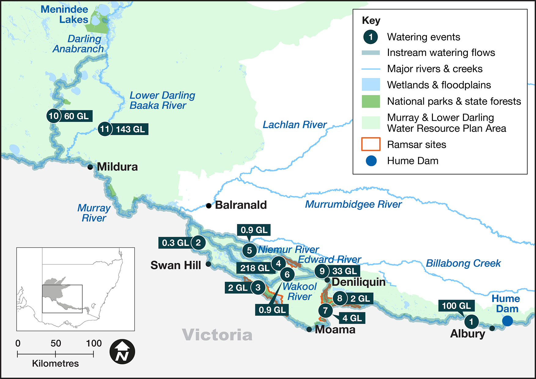 Map of the Murray-Darling - Baaka catchment showing waterways, wetlands and locations of water for the environment deliveries made in 2022-23.