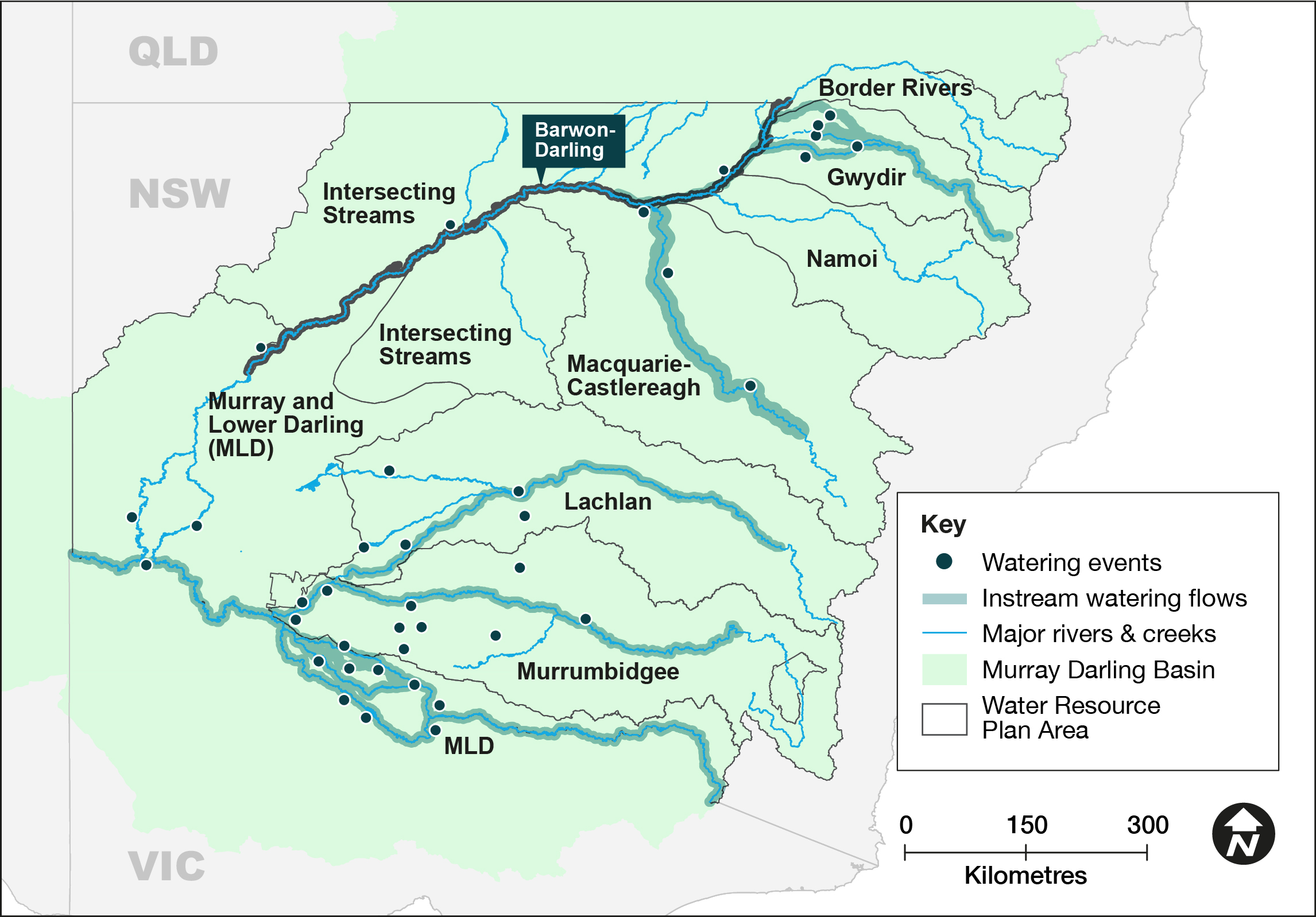 Map of New South Wales showing water catchment areas, associated main waterways and locations of water for the environment deliveries made in 2020-21.