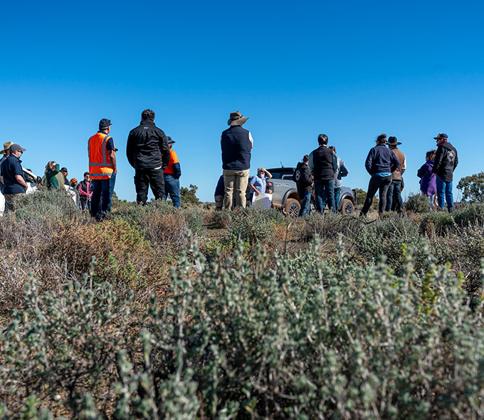 A group of individuals stand in a field, facing a vehicle under a clear blue sky