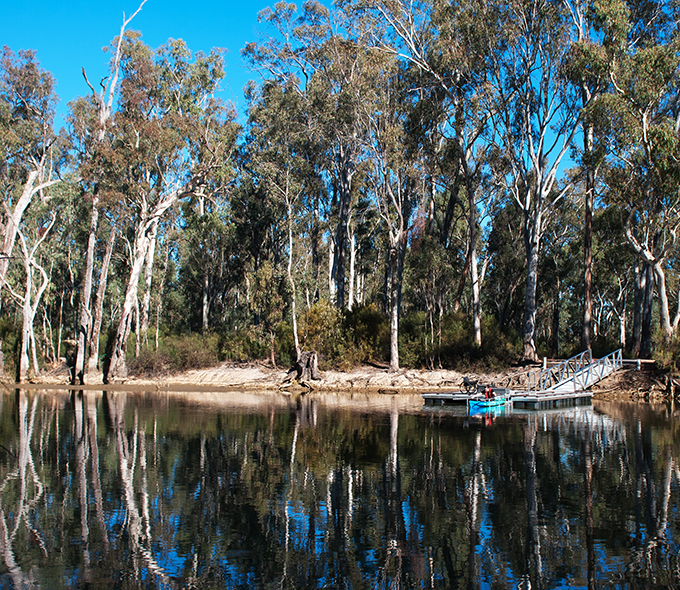 Man in blue kayak on river, with trees reflected in water