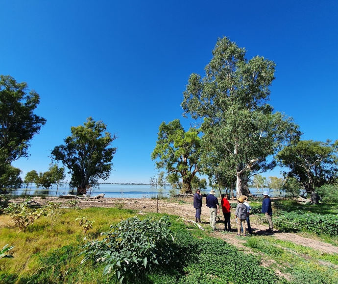 A group of 6 people standing and talking, on a track leading to a flat expanse of water, with trees and a clear blue sky behind them